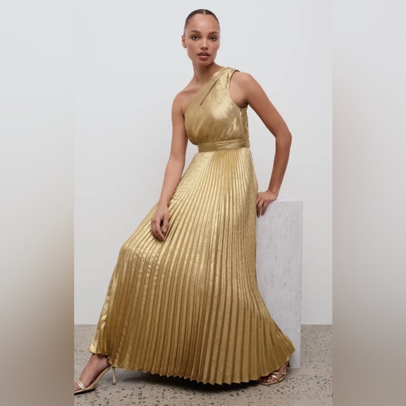 Ever New Elegant Gold Metallic One-Shoulder Cut Out Pleated Maxi Dress (Size 4) - Picture 5 of 15